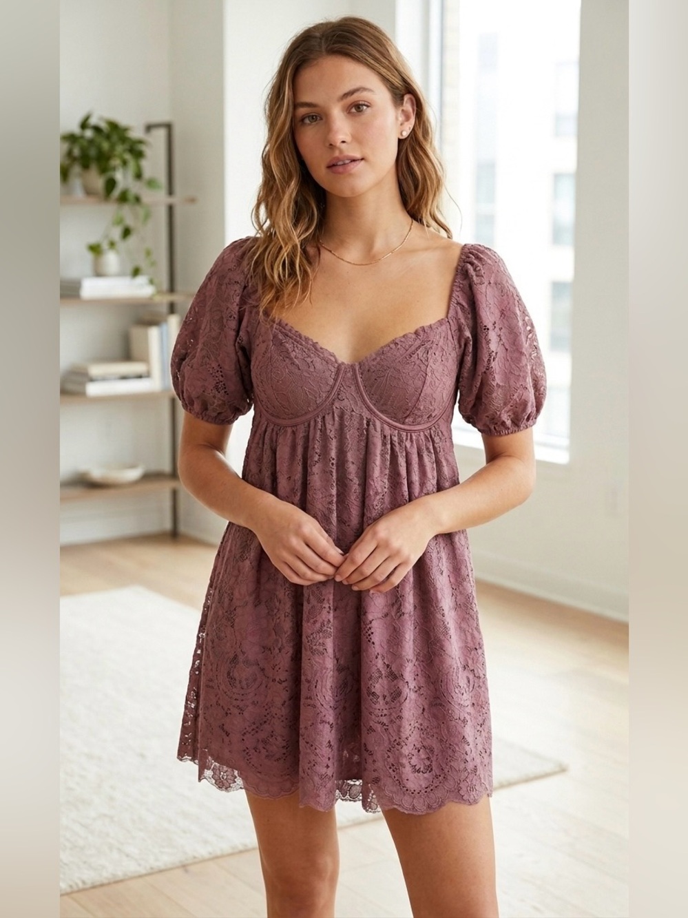 Altar'd State Mauve Pink Floral Lace Babydoll Mini Dress Puff Sleeve Size S